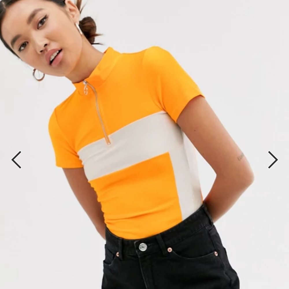 Monki zip neck color block top in orange